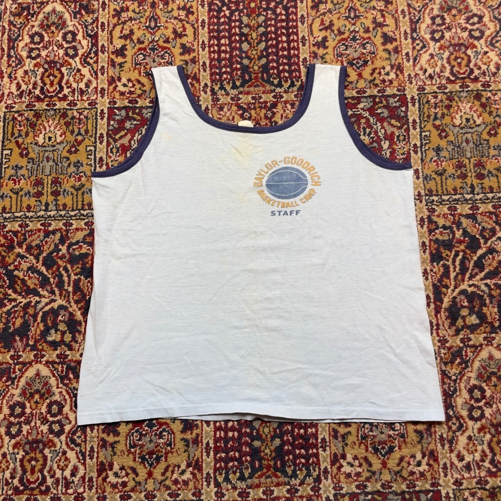 VTG 60s Baylor‎ Goodrich Basketball Camp Staff Tank XL Blue Ringer Water Print